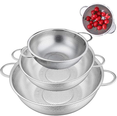 STOUCLA Juego de 3 coladores de cocina con asa, colador de pasta de acero inoxidable, colador para pasta, verduras y frutas, arroz, apto para lavavajillas, 28 cm, 22 cm, 19 cm