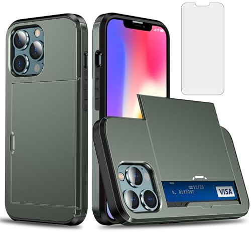 Asuwish Phone Case for iPhone 13 6.1 inch with Tempered Glass Screen Protector Cover and Accessories Card Holder Slot Slim Hybrid Protective iPhone13 5G i i-Phone i13 iPhone13case Women Men Army Green