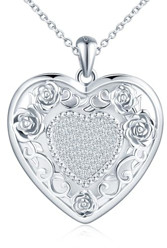 MICMIF Argento 925 Foto Medaglione Cuore con Fiore di Rosa Zirconi Collana Donna Ragazze Ciondolo Portafoto Personalizzata, Collana Locket Vinatge Apribile per 2 Foto, Catena 45+5cm