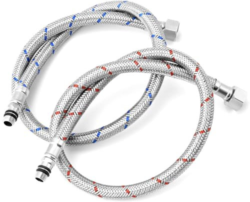 QWORK® 2 Piezas Manguera Flexible G3/8 x M10, Manguera Blindada de Acero Inoxidable de 60 cm, Manguera Flexible Trenzada, para Grifería de Cocinas y Baños
