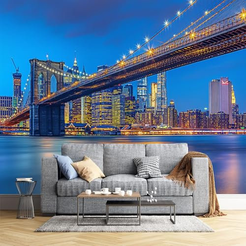 JEDTAKCT Fototapete New York City Bridge 3D Effekt New York Nachthimmel 260X175Cm - Für Schlafzimmer Wohnzimmer Flur Seide Tapete Wandtapete Bildtapete Motivtapeten