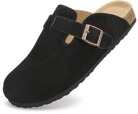 Meik Mangni Wildleder Clogs für Damen Herren Komfort Kartoffel Schuhe mit Arch Support Frauen aus Leder rutschfest Pantoletten mit Weiches Kork Fußbett,Schwarz,Gr.38 EU