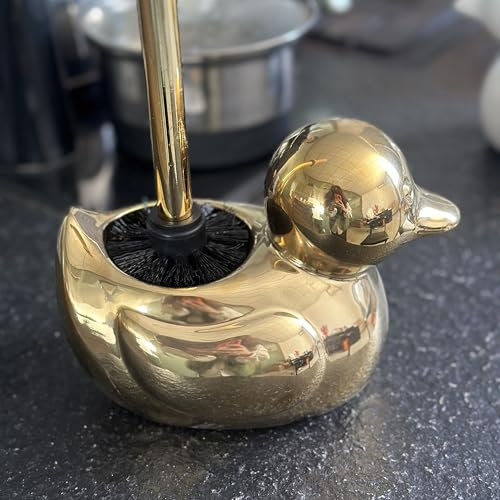 Duck Toilet Brush and Holder Set - Ceramic Bathroom Toilet Scrubber Brush Organizer with Wooden & Stainless SteelHandle, Gold Toilet Brush & Cute Duck Design for Bath Decor Storage