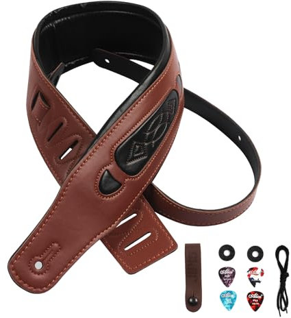 Breiten Dicken Gitarrengurt Einstellbare Weiche Haltbare Schulter Gepolsterte Ledergürtel für E-Akustik-Bassgitarre Schwarz Braun Farbe (JIPIS-Embroider Brown)