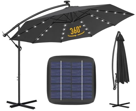 Parasol de Jardin Déporté Hexagonal 3.5M LED Solaire avec Base Croisée, Anti-UV, 8 Baleines à Double Couche, Inclinable pour Plage Balcon Patio, Gris