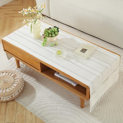 YongXinMY Cotton Linen Rectangular Tablecloth for Living Room - Simple TV Cabinet Mat, Coffee Tablecloth with Pockets, Tassel Fringe Cover for Tea Table Dining Hall Fridge Top Cover (White,50x140cm)