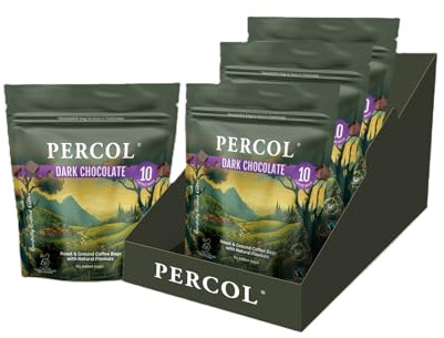 Percol - Dark Chocolate Flavoured Ground Coffee Bags, 30 x 8g | Rich and velvety; Dark chocolate notes; Three packs of 10 brew bags; Smooth ground coffee; Brews like a tea bag; Movie nights