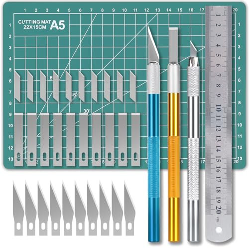 Skalpell Basteln Set – 3 Bastelmesser mit 30 Klingen, A5 Schneidmatte & Edelstahl Lineal, Präzisionsmesser für DIY, Modellbau, Hobby, Skulptur, Papier, Fensterfolie, Kunsthandwerk