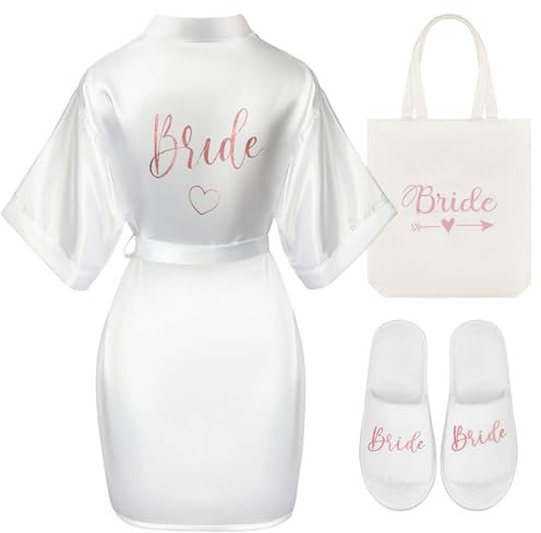 Hestya 3 Pièces Set Cadeau de Mariée avec Bride en Or Rose Cadeaux de Fête Nuptiale Peignoir de Mariée en Satin Blanc Sac Pantoufles pour Mariage Fiançailles Spa EVJF