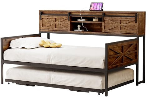 Azkoeesy Schlafsofa, Funktionsbett, mit Ausziehbett, Steckdose, Metallgestell, Schrank und 2 Schiebetüren, 90 x 200 cm und 90 x 190 cm (Schwarz)