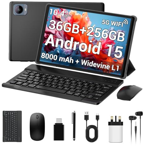 AXETOP Android 15 Tablet 10.4 Inch, 5G WiFi, 36GB RAM+256GB ROM (512GB Expansion), Octa-Core, 1920x1200, 8000mAh,13MP+8MP, Widevine L1, FHD, GPS, OTG, Tablet with Keyboard丨Mouse丨Stylus丨Case (Gray)