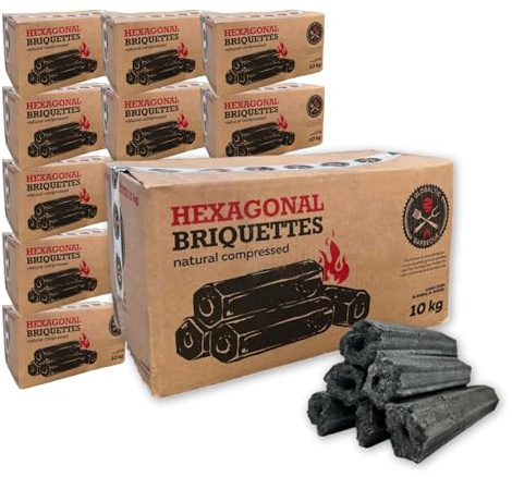 10kg Boxes Premium Sumi Bincho Charcoal Restaurant Barbecuing Briquettes - Naturally Compressed & Odourless - Long Burn Hexagonal Binchotan Logs - For Konro BBQ Cooking Grills - 10 x 10kg Box