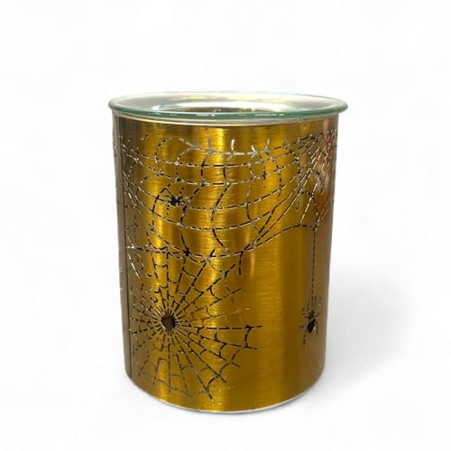 Halloween Aromalampe Metall Gold – Lasergeschnittenes Spinnennetz‑Motiv – 10,5 cm – Duftöl & Wachs – gruselig-herbstliche Dekoration