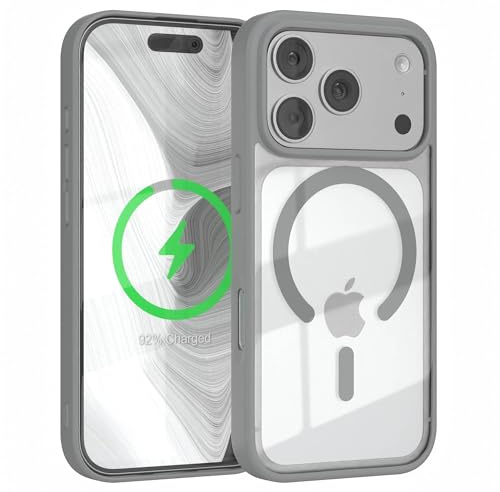 EAZY CASE Hülle für iPhone 17 Pro kompatibel mit Qi Charging Ultra Aufprallschutz Stoßfest und Kratzfest dünne Schutzhülle mit Kameraschutz Silikon Cover Clear Hybrid Handy Case Grau - Qi Charging