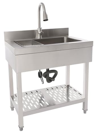 Lavando in acciaio inossidabile a libera installazione, lavello singolo lavello da cucina rettangolare con piedistallo, lavello mobile per cucina, garage, esterno (70x50x90cm)