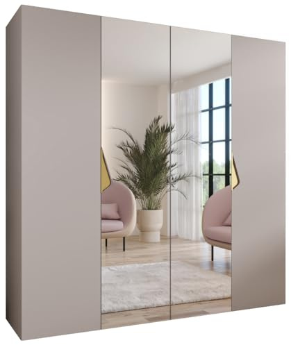 MEBLE KRYSPOL - Kleiderschrank - Garderobenschrank - 200 cm x 202 x 52 cm - Schrank mit Kleiderstange und Spiegel, 4 Türen - für Schlafzimmer, Flur - SANDI, Kaschmir, Griff Gold