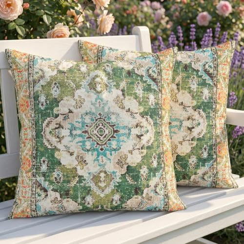 Luzzxfa Wetterfest Outdoor Kissenbezug 45x45 cm 2er Set Boho Dekokissen Zweiseitiges Muster Grün Vintage Sofakissen Sommer Kissen Leinen Kissenbezüge Dekorative für Sofa Garten Balkon Camping