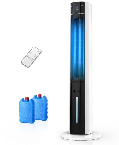 EXNOS Turmventilator Luftkühler mit Wasserkühlung - Mobile Klimaanlage ohne Abluftschlauch, Ventilator mit Kühlung Leise, 3 Modi-12H Timer-Aroma- Fernbedienung, für Zimmer & Wohnung