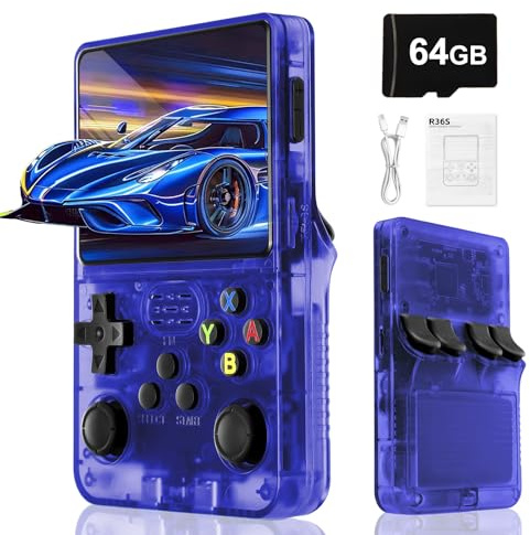 Rbic Console de Jeux vidéo rétro R36S-Batterie Rechargeable de 3000 mAh, écran HD de 3,5 Pouces, Carte TF de 64 Go, système Linux Open Source, Plus de 20000 Jeux vidéo Classiques-Bleu