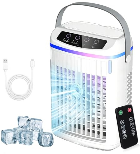4 en 1 Aire Acondicionado Portátil con Mando a Distancia, Mini Aire Acondicionado 3 Velocidades Temporizador 2 Modos de Niebla Fría y 7 RGB Depósito 1000ml Ventilador Agua para Habitación y Oficina