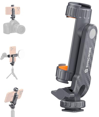 SYNCWIRE Tripod Phone Mount, Universal Smartphone Mount Adapter with 2 Cold Shoe and 1/4 Screw, 360° Rotates and 180° Tilts Adjustable Cell Phone Clamp Holder for Enhancing Mobile Photography Setup