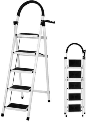 Escalera Plegable de Acero de 5 Peldaños, Escalera Doméstica Antideslizante con Barandilla para Cocina, Hogar y Oficina - Blanco