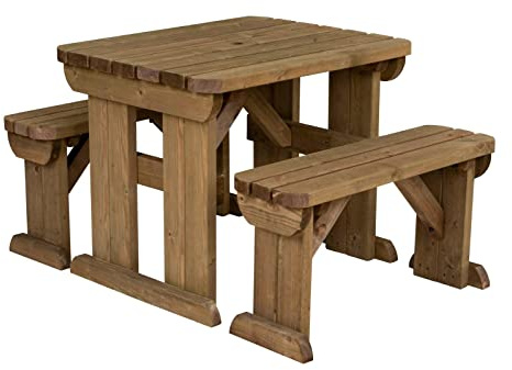 Arbor Garden Solutions 4 Seat Wooden picnic table and benches set, Aspen rounded patio furniture (4ft, Rustic Brown)