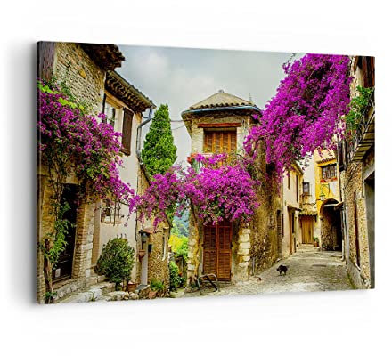 Wandbilder Dekoration Wohnzimmer Straße Sommer Blumen Bilder auf Leinwand 120x80cm Leinwandbild Schlafzimmer Küche Deko Wand Kunstdruck Art Groß XXL Wanddeko Bild Wall Decor Canvas AA120x80-3589