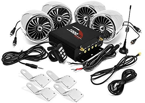 Aileap 1000W Moto Amplificatore 4 Altoparlanti Bluetooth Impermeabile Sistema Audio Stereo AUX MP3 USB SD FM Radio per Harley touring Cruiser ATV UTV Scooter (Cromo)