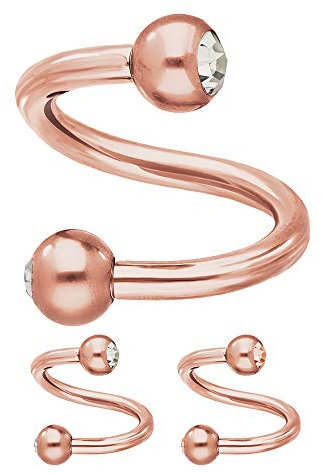Treuheld® | Rosegoldene Piercing Spirale mit 2 Kristallen - [15.] 1.2 x 7 mm (Kugeln: 3mm) - klar/durchsichtig