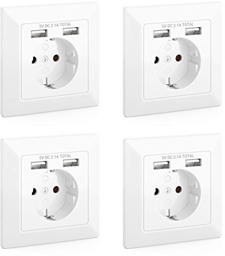 deleyCON 4x Einbausteckdose mit 2x USB Wandsteckdose Schutzkontakt Steckdose Unterputz Montage für Innenbereich USB Ladefunktion Handy Smartphone Tablet