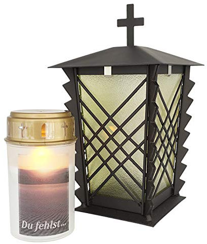 Grablaterne, Grableuchte aus Stahl mit Gittern und grünem Glas, inkl. LED-Kerze, 24 cm, Kreuz (Schwarz)