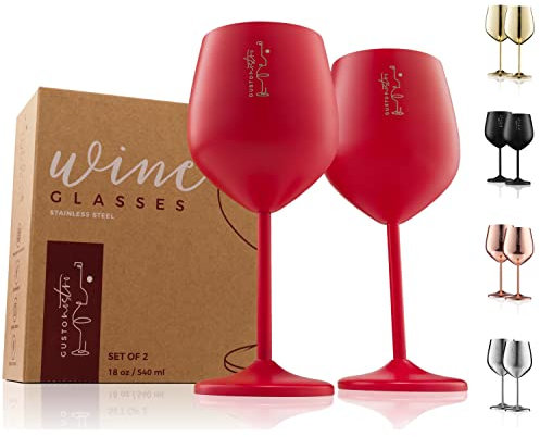 Weingläser mit Stiel aus Edelstahl - Unzerbrechliche Kelche mit 540 ml Fassungsvermögen für Poolpartys im Freien, Jubiläen - Elegantes Trinkgeschirr in Rot für Champagner und Cocktails (2er Pack)
