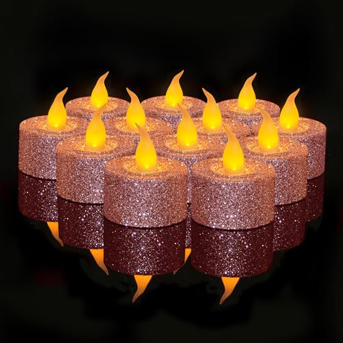 FURORA LIGHTING Rose Gold Candles Battery Operated, LED Tea Lights Dusty Rose Party Decorations, Christmas Ornaments, Wedding Decorations, Christmas Decorations Pack of 12
