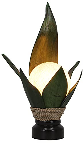 GURU SHOP Palmenblatt Tischlampe/Tischleuchte, in Bali Handgemacht aus Naturmaterial, Palmholz - Modell Palmera 14 Grün, Palmblätter, 50x30x20 cm, Tischlampen aus Naturmaterialien