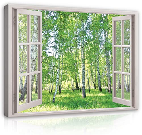 Leinwand Bilder Fensterbilck Wald Grün Birkenwald Natur Landschaft Modern Canvas Leinwandbild Fenster Schlafzimmer Wohnzimmer Wandbild Wandbilder Wand Bild auf Leinwand Aufhängefertig (120x80 cm)