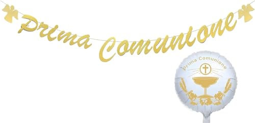 MKISHINE Erstkommunion Dekoration: 1 Ballonbanner mit Goldfarbenem Schriftzug + Luftballon, 2 Stücke, Ideal für Jungen und Mädchen, Unisex-Kinder, Erstkommunion, Kinder
