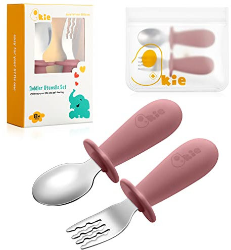 Qkie Couverts pour Enfants - Avec sac de Rangement - Fourchette et Cuillère pour Bébé en Acier Inoxydable - Poignées en Silicone pour Bébé Toutpetit Autoalimentation, Sans BPA, 8 Mois+ (Power Rose)