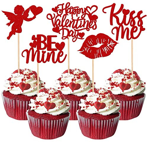 Xsstarmi 30 Pack Happy Valentine's Day Cupcake Toppers Glitter Cupid Love Heart Lip Kiss Me Be Mine Cupcake Picks for Valentine's Day Theme Wedding Party Cake Decorations Supplies Red