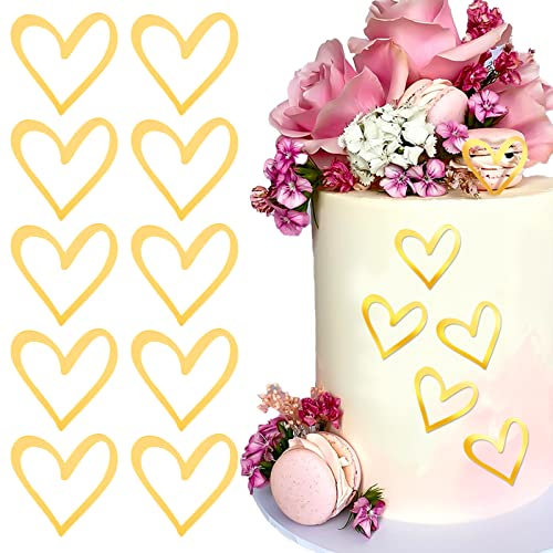 10PCS Cake Topper Acrylic Love Heart Gold Mirror Cupcake Decoration DIY Cake Supplies for Wedding Birthday Valentine`s Day Engagement Party