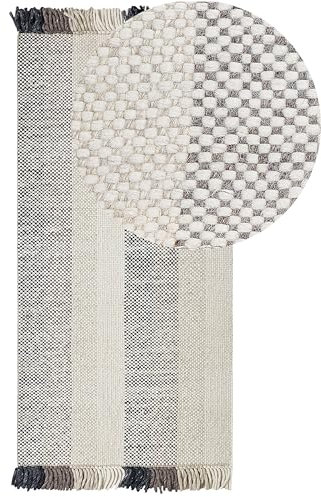 Beliani Teppich Wolle/Baumwolle weiß 80x150 cm mit Fransen Streifen handgewebt Emirler