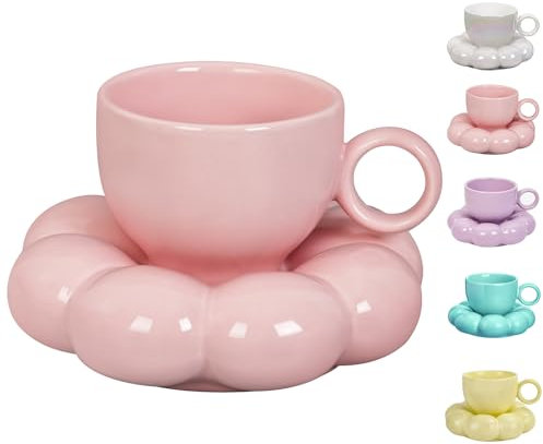 ARISKEY Jolie tasse à café pour femme, tasse à thé et soucoupe avec cuillère, 200 ml pour latte et lait, passe au lave-vaisselle et au micro-ondes, convient pour maman, rose pêche