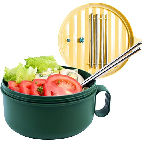 Juego de cuencos Ramen con tapa, fideos instantáneos, taza de sopa rosada con asa, cuencos de ramen, aptos para microondas, cuenco de ramen, vajilla tradicional japonesa (verde sin forro interior)