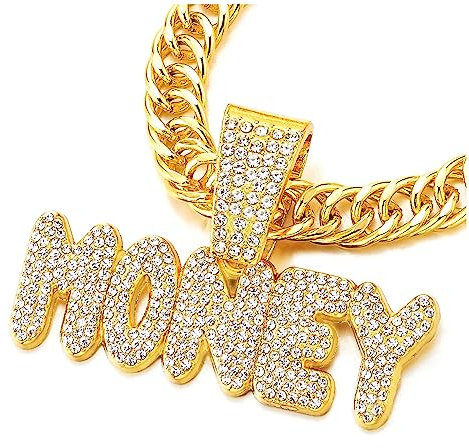 COOLSTEELANDBEYOND MONEY Iced Out Anhänger Pave Strass Herren Damen Halskette, Goldfarbener, Bling Bling Rapper Schmuck