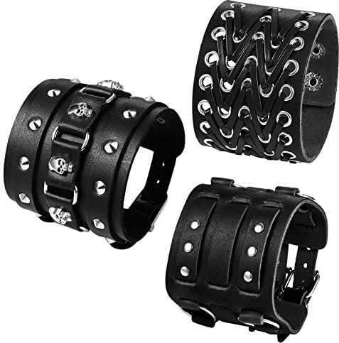 Aroncent Leder Armbänder Punk Rock Armband - Herren kreuzen geflochtenen breit Armreif Verstellbar Legierung Armschmuck