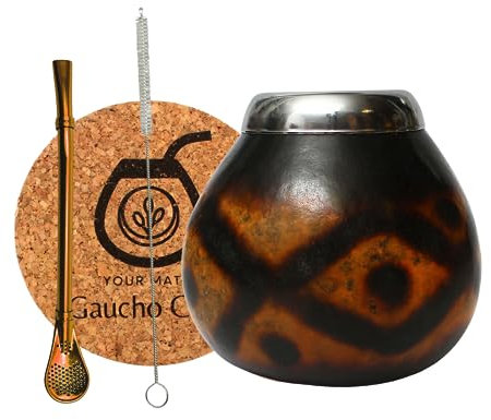 Gaucho Cebar Set di calabassi naturali per tè Yerba Mate | Tazza di zucca e cannuccia in acciaio inox Bombilla Straw Accessories – sughero e pennello, marrone