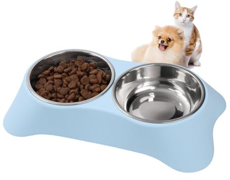 DOKI Double Dog Bowl, Removable Double Stainless Steel Bowls for Food and Water, Pet Bowls with Non-spill for Small Dogs and Cats(Blue)