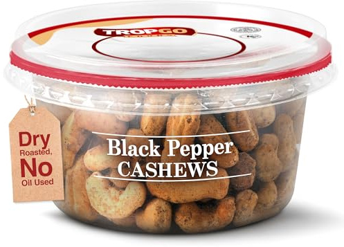 Tropgo Roasted Salted Black Pepper Cashews 180g - Healthy Flavoured Nuts in a Resealable and Recyclable Tub - Vegan Snack Made in Fibre and Protein Rich Cashew Nuts