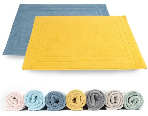 Rinsl Badematte Doppelpack | Badvorleger 100% Baumwolle Frottee | 2-TLG. Set Duschvorleger Set Schnelltrocknend Absorbierend Waschbar (gelb - blau, 50 x 70 cm 2er Pack)