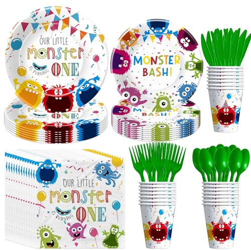 Xenorik Monster First Birthday Party Supplies - Monster 1st Birthday Decorations Tableware, Paper Plate, Cup, Napkin, Disposable Cutlery, Our Little Monster is Turning One Party Decorations | Serve 24
